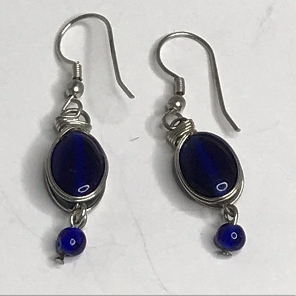 Blue Earrings Wire Pierced Artisan Made Dangle - Picture 5 of 6